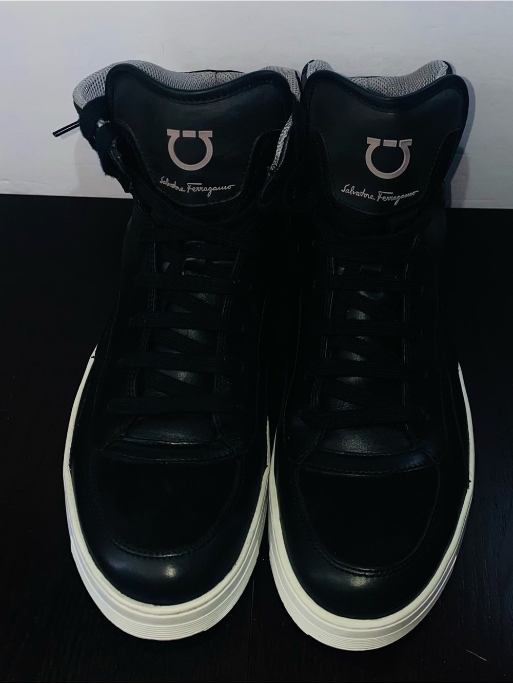 Salvatore Ferragamo Men's Black Leather High Top Sneaker Gancini Logo TZ 1782